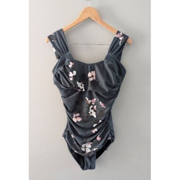 Albion One Piece Swimsuit Womens Large Deep Green Floral Ruched Wide Strap - Picture 1 of 3